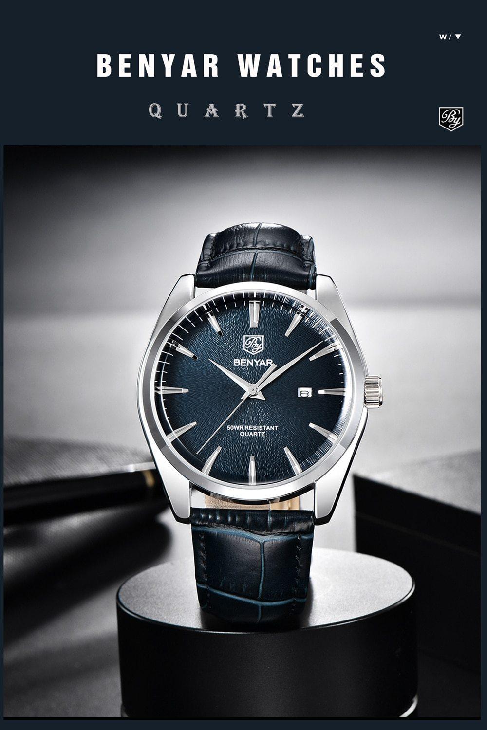 Leather sport men's watch with blue dial, leather strap BENYAR on Tampa Home & Garden Store