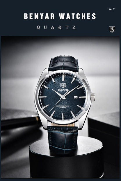 Leather sport men's watch with blue dial, leather strap BENYAR on Tampa Home & Garden Store