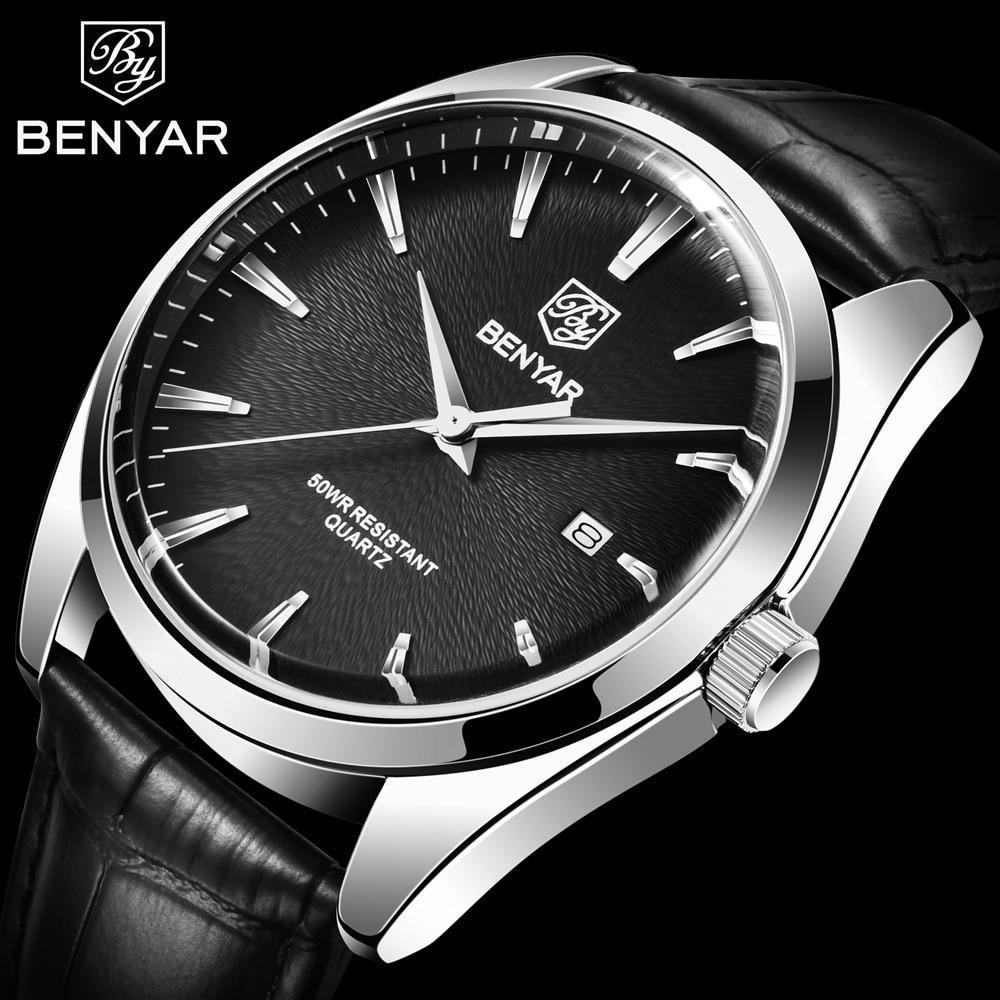 Leather fashion sport men's watch BENYAR black dial stainless steel case leather strap on Tampa Home & Garden Store