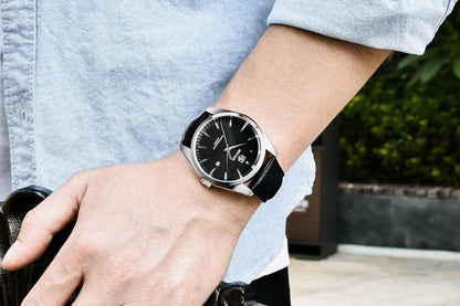 Leather fashion sport men's watch by Stevvex with black dial, black leather strap, silver case on Tampa Home & Garden Store