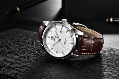 Stevvex ST145DUNIN18 leather strap men's quartz watch with silver dial and brown leather band on Tampa Home & Garden Store