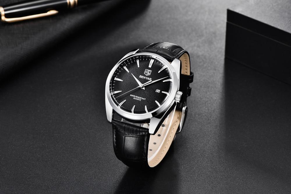 Leather fashion sport men's watch Benyar with black dial, black leather strap, analog quartz, 50m water resistant on Tampa Home & Garden Store