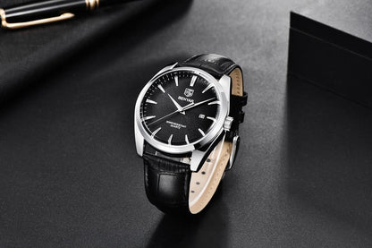 Leather fashion sport men's watch Benyar with black dial, black leather strap, analog quartz, 50m water resistant on Tampa Home & Garden Store