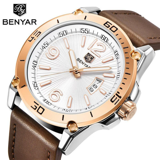 Mens quartz wristwatch Benyar Stevvex ST755LDEWAT3 with brown leather strap and rose gold bezel on Tampa Home & Garden Store
