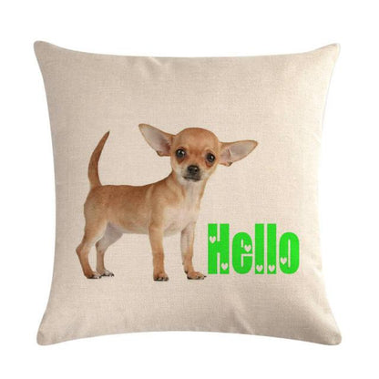 Throw pillow cover beige linen cotton with tan Chihuahua and lime Hello text on Tampa Home & Garden Store