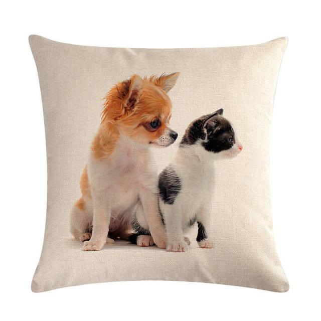 Pet dog linen cotton throw pillow cover by Stevvex with two puppies on beige background on Tampa Home & Garden Store