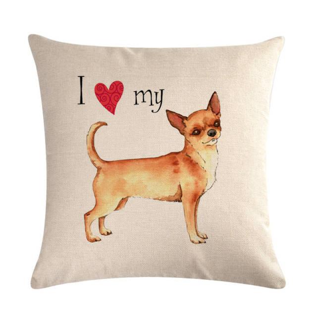 Stevvex beige linen cotton dog throw pillow cover with Chihuahua illustration I heart my on Tampa Home & Garden Store