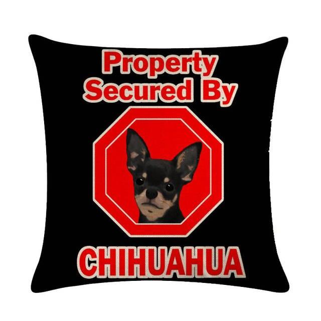 Chihuahua-themed throw pillow cover with red octagon stop-sign and CHIHUAHUA on black on Tampa Home & Garden Store