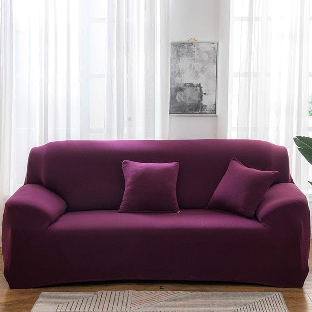 Elastic solid purple sofa slipcover for 3-seat couch with elastic bottom anti-slip on Tampa Home & Garden Store