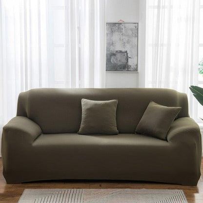 Stevvex elastic spandex sofa cover on olive green 3-seat sofa with elastic bottom on Tampa Home & Garden Store