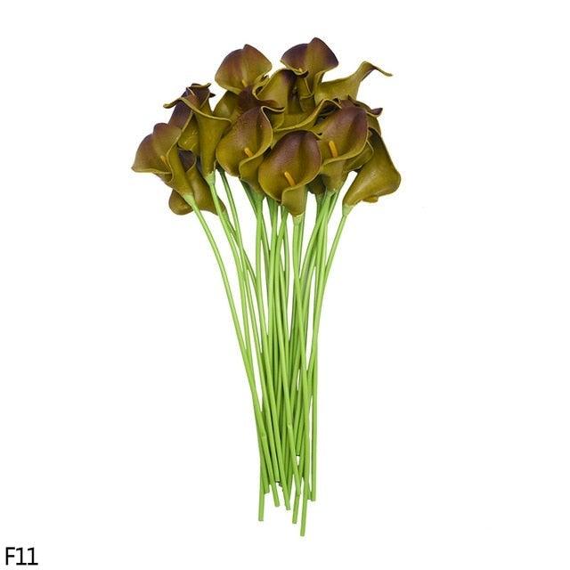 Calla Lily artificial bouquet 10pcs real-touch brown-green blooms with green stems Stevvex on Tampa Home & Garden Store
