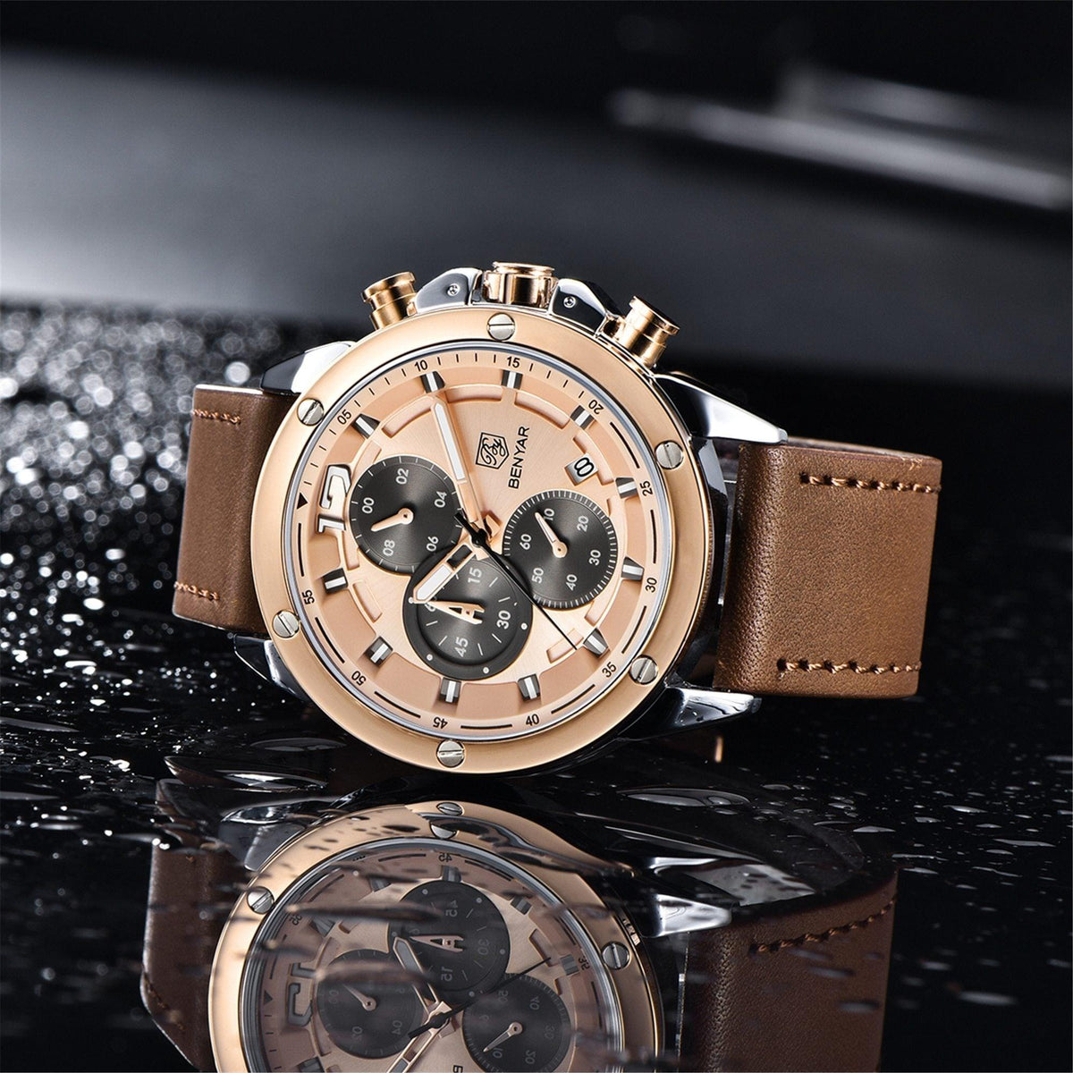 Stevvex multifunction brown luxury men's watch with rose-gold case and brown leather strap on Tampa Home & Garden Store