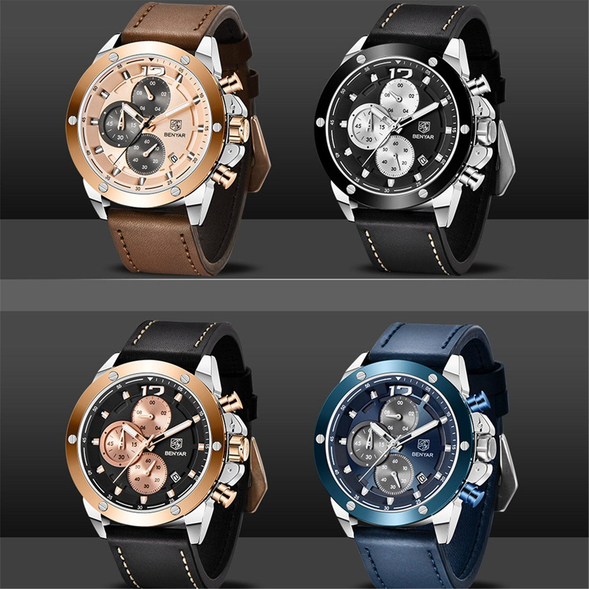 Four Benyar multifunction men's chronograph watches with brown, black, blue leather straps on Tampa Home & Garden Store