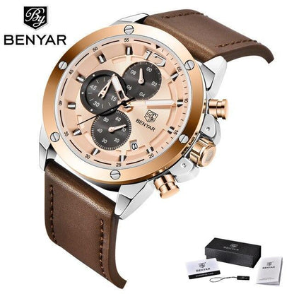 Men's Benyar luxury brown chronograph watch with rose gold bezel and leather strap on Tampa Home & Garden Store