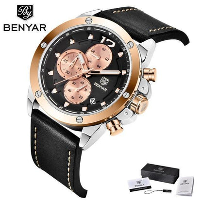 Men's brown luxury chronograph watch with black leather strap and rose gold bezel Benyar on Tampa Home & Garden Store