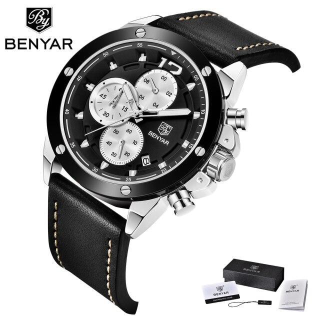 Benyar men's chronograph watch black dial silver case black leather strap on Tampa Home & Garden Store