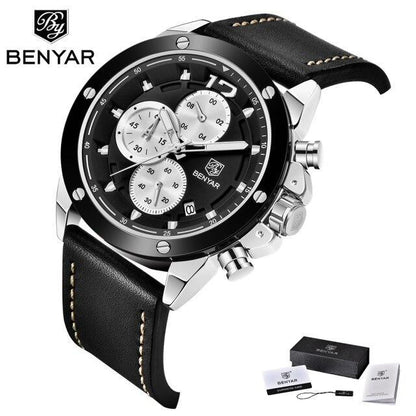 Benyar men's chronograph watch black dial silver case black leather strap on Tampa Home & Garden Store
