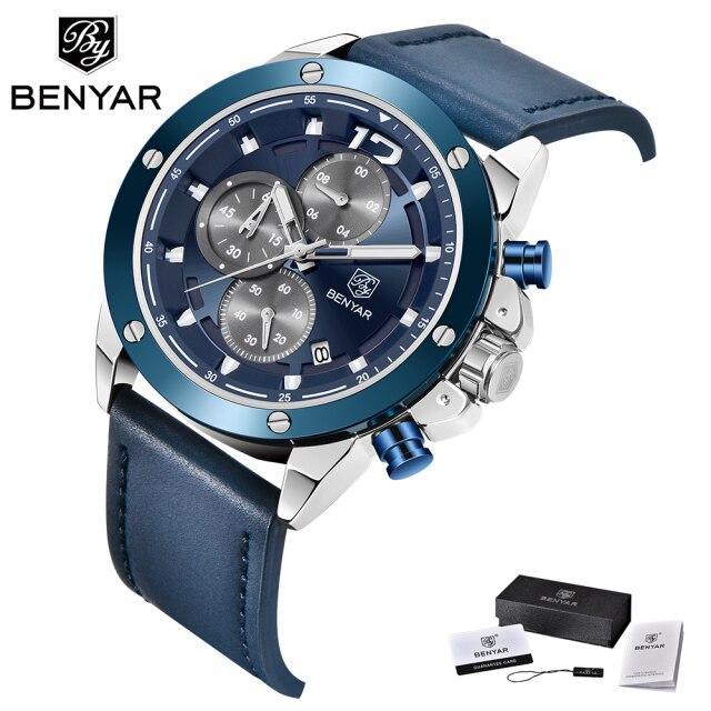 Men's blue dial chronograph watch with blue leather strap and stainless steel case Benyar on Tampa Home & Garden Store