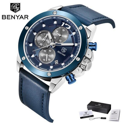 Men's blue dial chronograph watch with blue leather strap and stainless steel case Benyar on Tampa Home & Garden Store