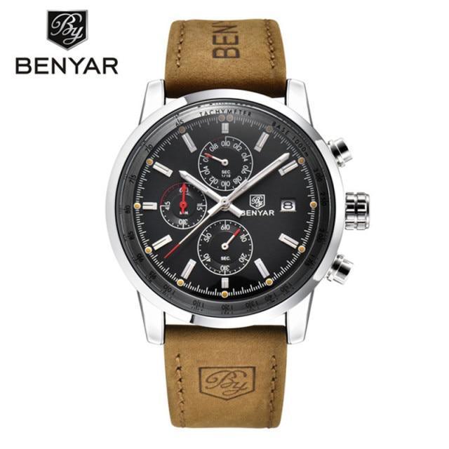 Men's brown leather strap watch with black chronograph dial, steel case, Benyar logo on Tampa Home & Garden Store