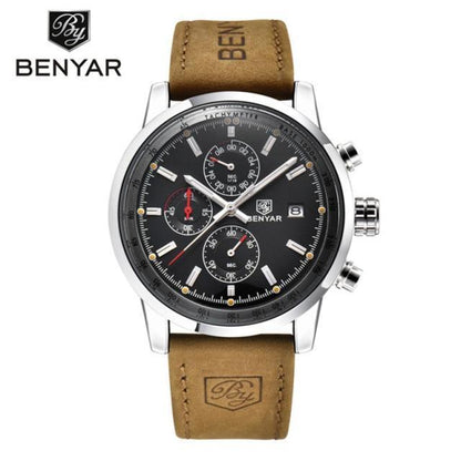 Men's brown leather strap watch with black chronograph dial, steel case, Benyar logo on Tampa Home & Garden Store