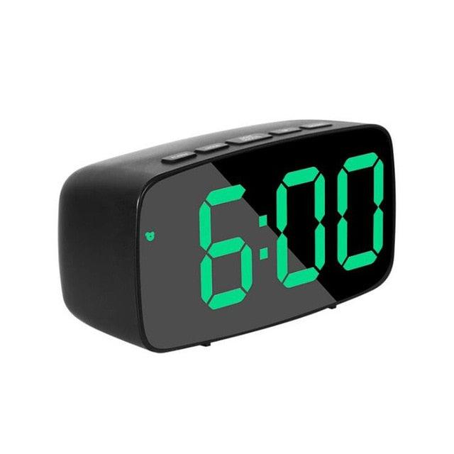 Stevvex acrylic mirror LED digital alarm clock with green 6:00 display, black bedside clock on Tampa Home & Garden Store