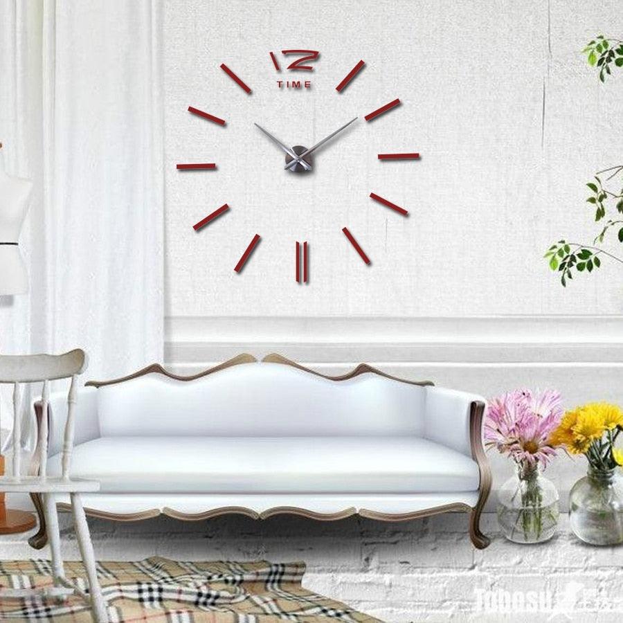 Stevvex wall clock with red 3D acrylic bar markers, frameless, living room decor on Tampa Home & Garden Store