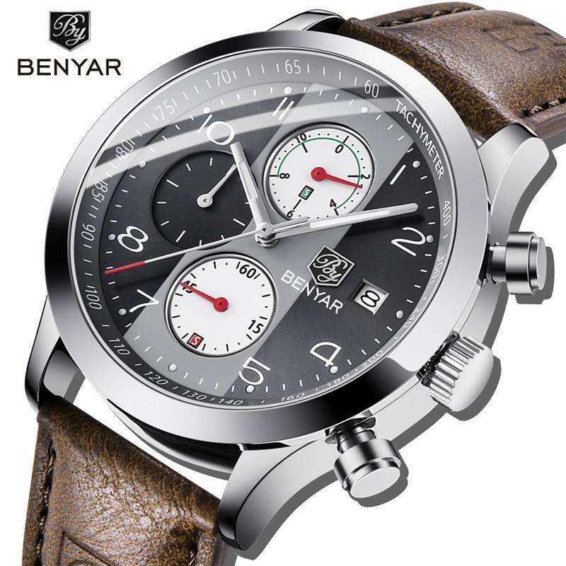 BENYAR men's chronograph wristwatch with brown leather strap, tachymeter bezel and luminous hands on Tampa Home & Garden Store