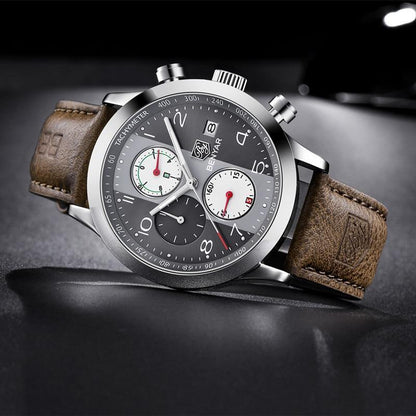 Stevvex men's luxury sport wrist watch with brown leather strap, charcoal chronograph dial and tachymeter bezel on Tampa Home & Garden Store