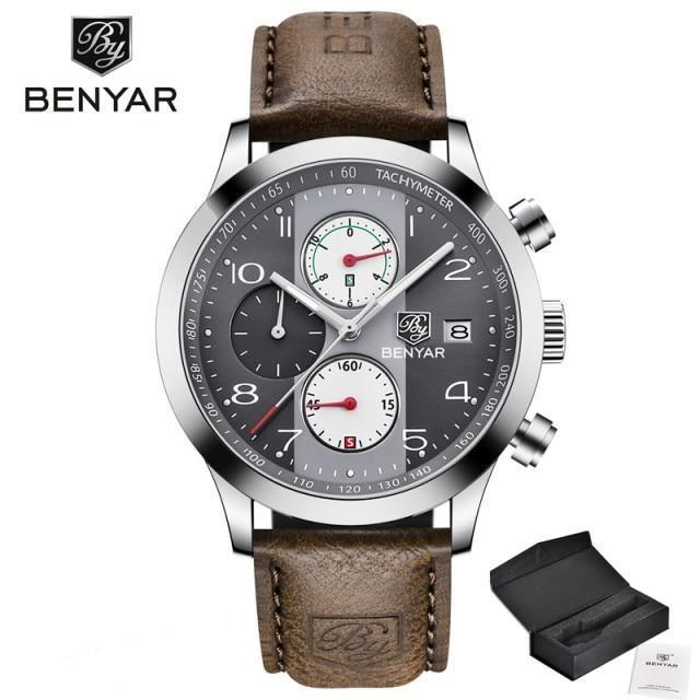 Benyar men's chronograph watch with brown leather strap, stainless steel case and date on Tampa Home & Garden Store
