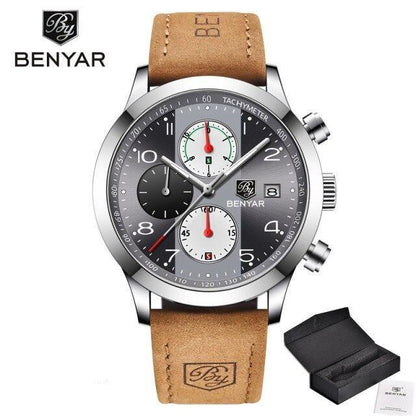 Stevvex ST552MOJIL44 men's sport watch with black dial, tachymeter bezel, leather strap on Tampa Home & Garden Store
