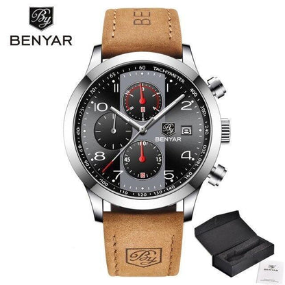 BENYAR men's sport watch with tan leather strap, black chronograph dial, tachymeter bezel on Tampa Home & Garden Store