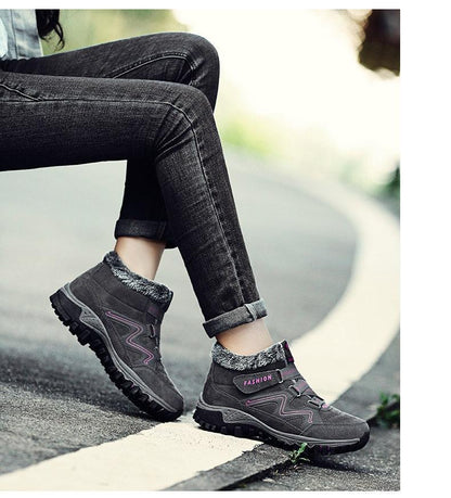 Stevvex winter fur-lined high-top boots in grey leather with rugged sole worn with jeans on Tampa Home & Garden Store