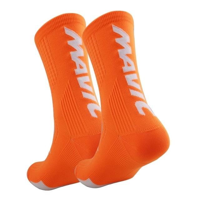 Stevvex orange knee-high cycling socks with white branding, unisex athletic socks 2-pack on Tampa Home & Garden Store
