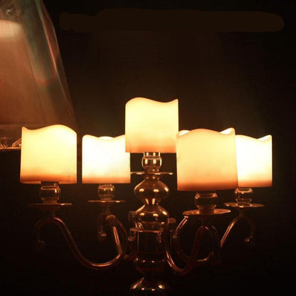 Flameless LED candle chandelier with five warm tea lights and glass arms on Tampa Home & Garden Store