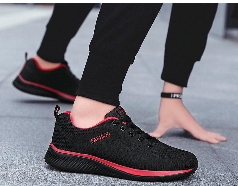 Stevvex men's sport running sneakers black mesh with red trim breathable casual walking shoes 1 pair on Tampa Home & Garden Store