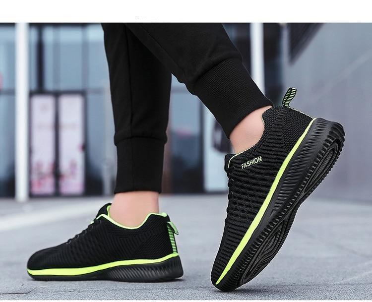 Stevvex Mens Sport Running Sneakers black breathable mesh with neon lime trim on Tampa Home & Garden Store
