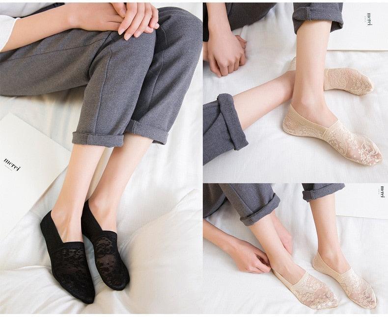 Stevvex ankle socks 5-pair set, lace flower pattern, black beige anti-slip socks for women on Tampa Home & Garden Store