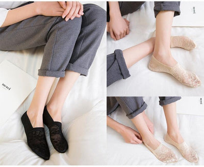 Stevvex ankle socks 5-pair set, lace flower pattern, black beige anti-slip socks for women on Tampa Home & Garden Store