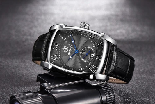 Stevvex luxury business men's watch with rectangular black dial, silver case, and black leather strap on Tampa Home & Garden Store