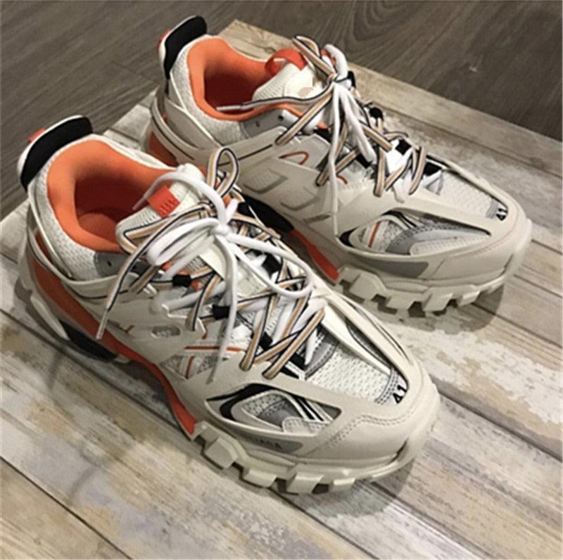 Stevvex women's breathable mesh sneakers white with orange lining and a chunky sole on Tampa Home & Garden Store