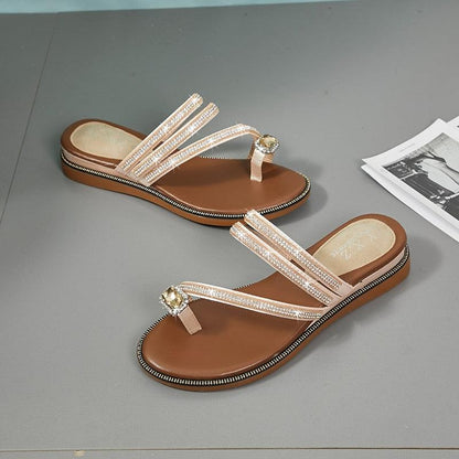 Stevvex rhinestone sandals pair with crystal-embellished straps, tan leather footbed, beaded edge on Tampa Home & Garden Store