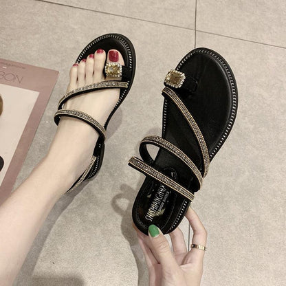 Stevvex rhinestone sandals for women, black leather-look straps with crystals, 2 sandals on Tampa Home & Garden Store