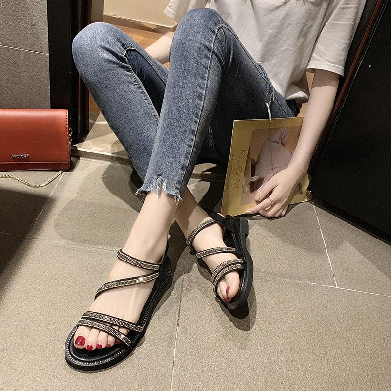 Stevvex rhinestone sandals with black leather straps and flat sole for women on Tampa Home & Garden Store