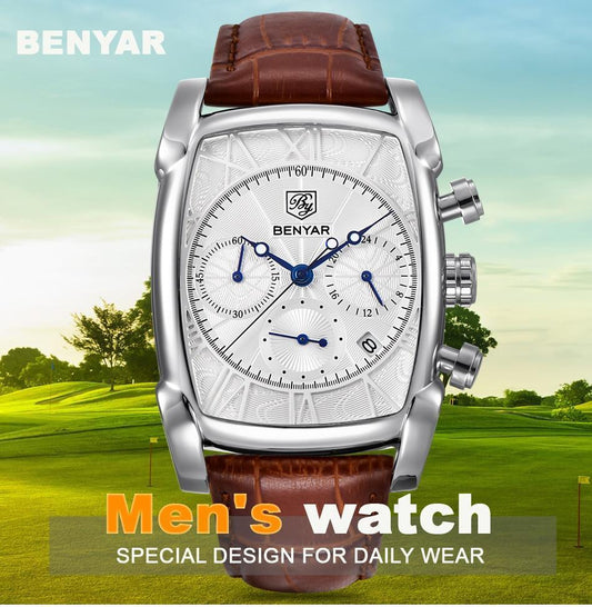 Men's rectangular watch with brown leather, silver case, BENYAR dial and blue hands on Tampa Home & Garden Store