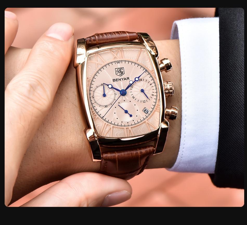Stevvex classic rectangle wrist watch with BENYAR branding, rose-gold case, brown leather strap, cream dial, blue hands and chronograph subdials on Tampa Home & Garden Store