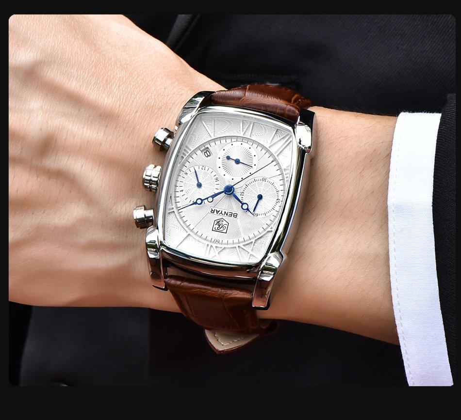 Stevvex Rectangle Waterproof Case watch with white dial blue hands brown leather strap on Tampa Home & Garden Store