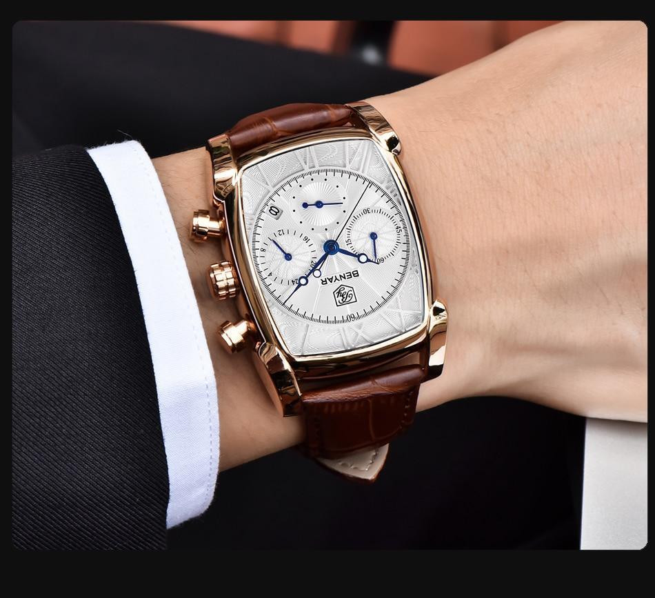 Stevvex ST823DLN25 men's rectangle watch with rose-gold case and brown leather strap blue hands on Tampa Home & Garden Store