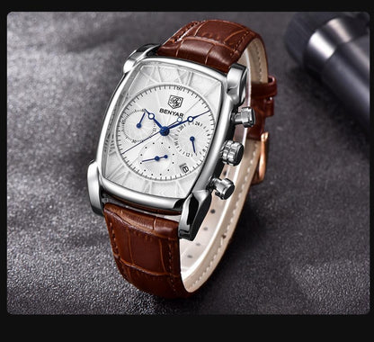 Rectangular men's analog watch with white dial, blue hands, brown leather strap Benyar on Tampa Home & Garden Store