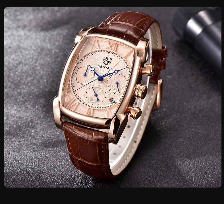 Stevvex ST823DLN25 men's rectangle watch, BENYAR dial, rose gold case, brown leather strap on Tampa Home & Garden Store